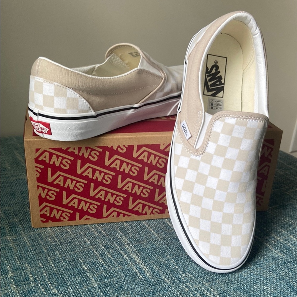 Vans Beige and White Checkerboard Slip-Ons